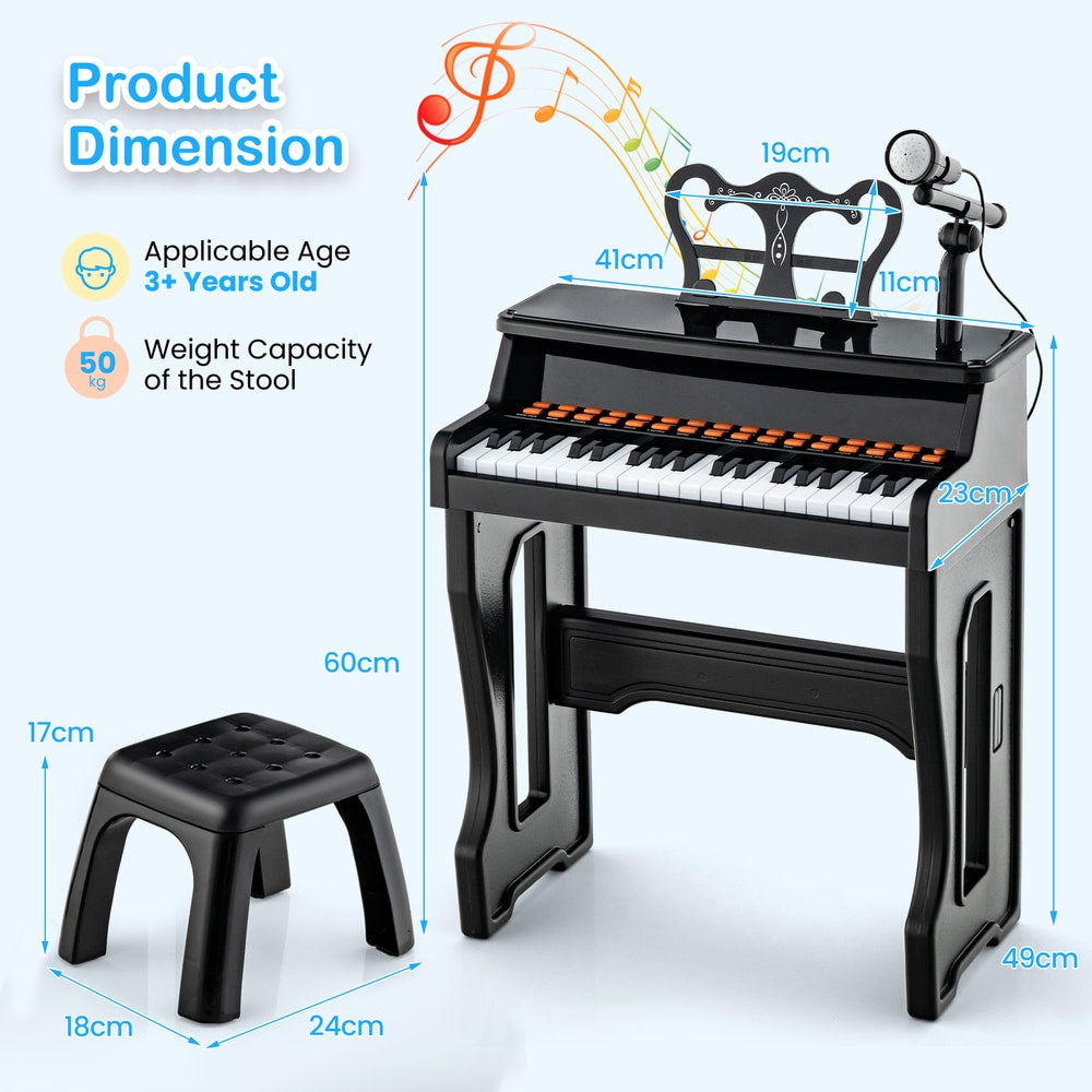 Dimensions of the electronic piano keyboard with adjustable microphone and stool