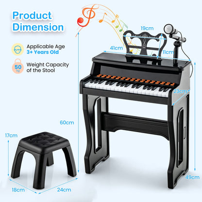Dimensions of the electronic piano keyboard with adjustable microphone and stool