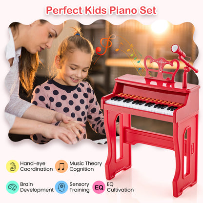 A woman and child look at the red electronic piano keyboard, with text highlighting features