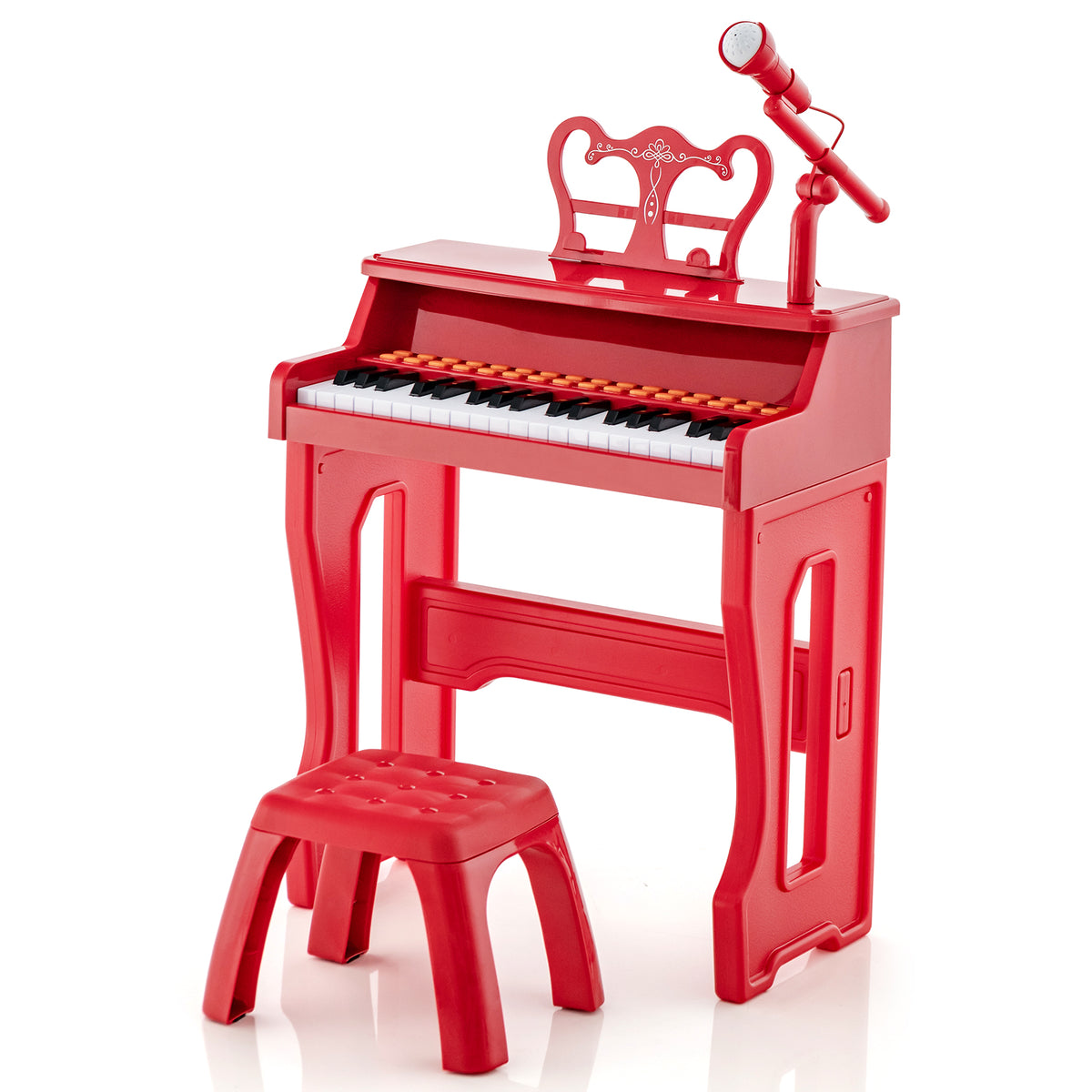37-Key Electronic Piano Keyboard with Adjustable Microphone in bright red with a matching stool and microphone