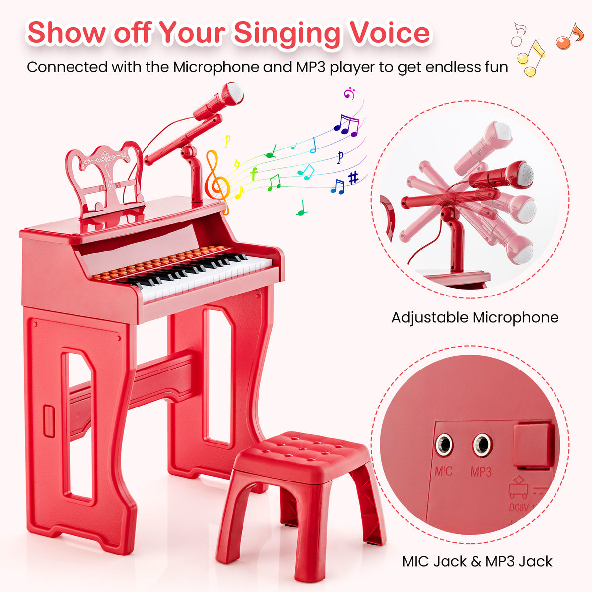 Close up of the red electronic piano keyboard showing the microphone and connection ports