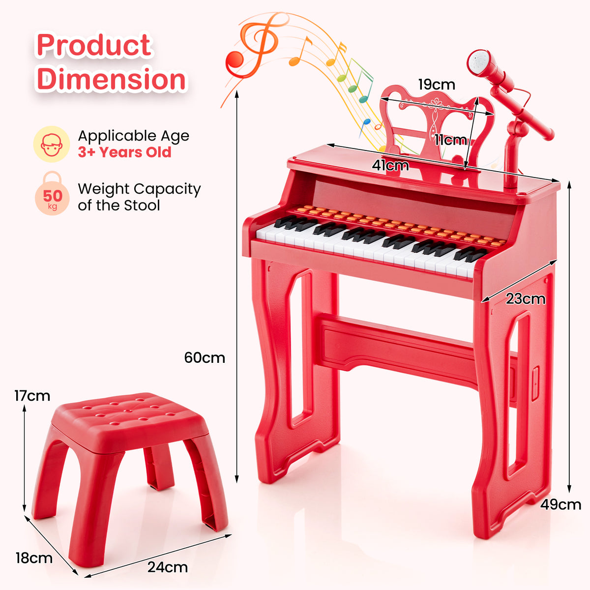 Red electronic piano keyboard and stool with dimensions shown in centimetres