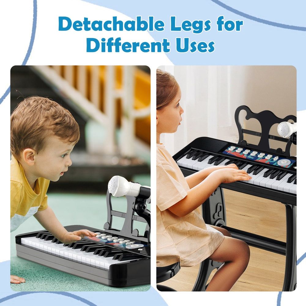 Close up of the black kids electric piano keyboard with microphone and stool, showing detachable legs