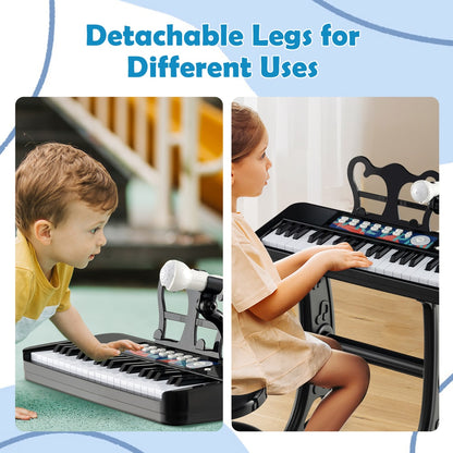 Close up of the black kids electric piano keyboard with microphone and stool, showing detachable legs