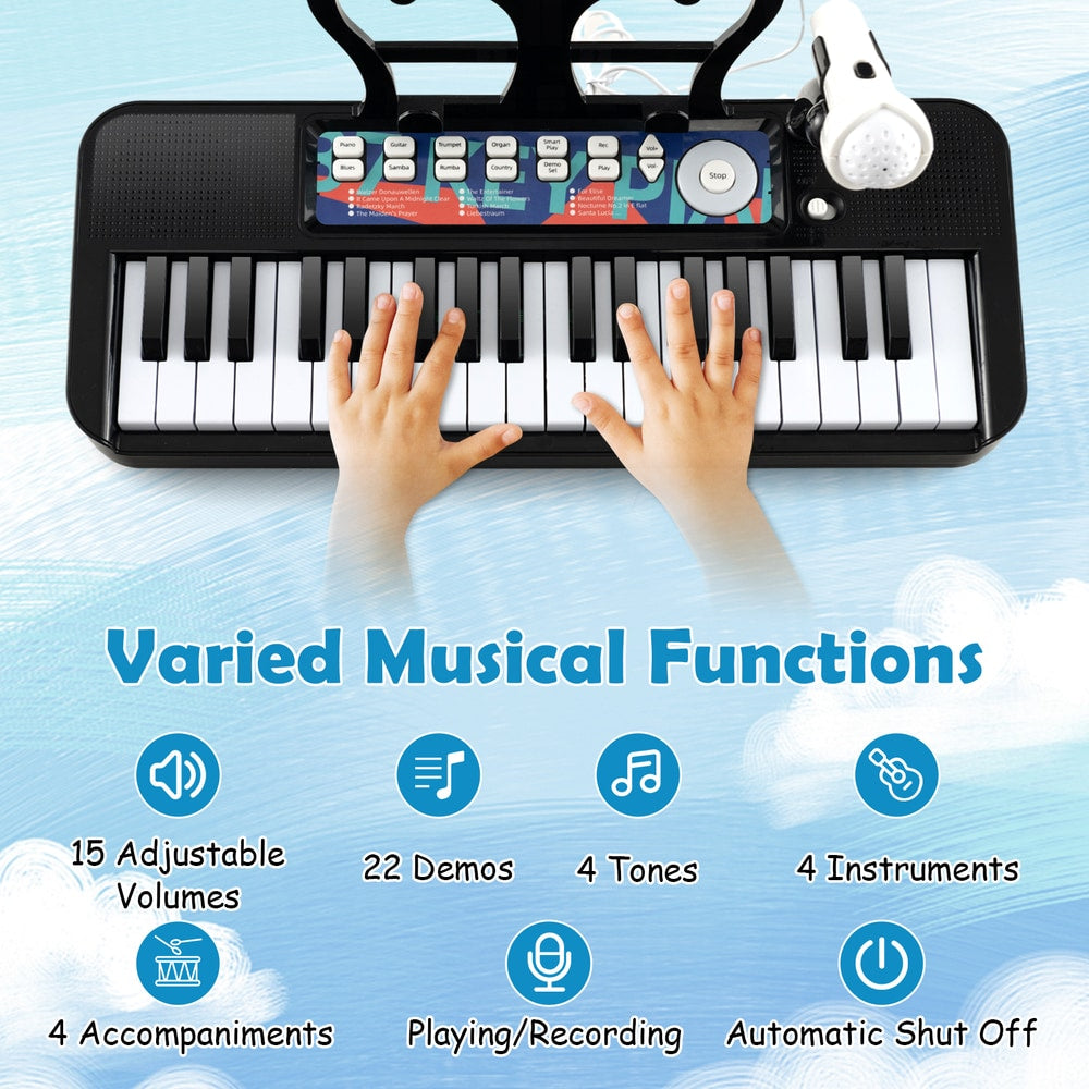 Close up of the black kids electric piano keyboard showing musical functions and controls