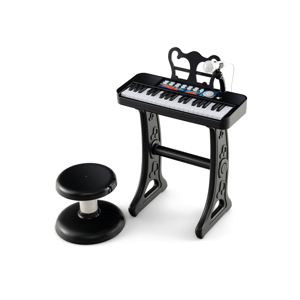 37-Key Kids Piano Keyboard Electronic Instrument with Microphone in black with a stool and music stand