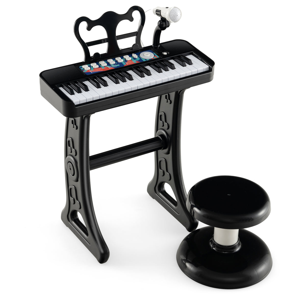 Black kids electric piano keyboard with stool and music stand on a white background