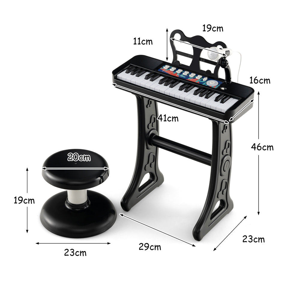 Black kids electric piano keyboard with stool and dimensions shown