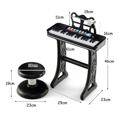 Black kids electric piano keyboard with stool and dimensions shown