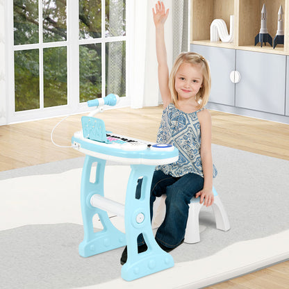 A young girl playing the blue electronic piano with stool