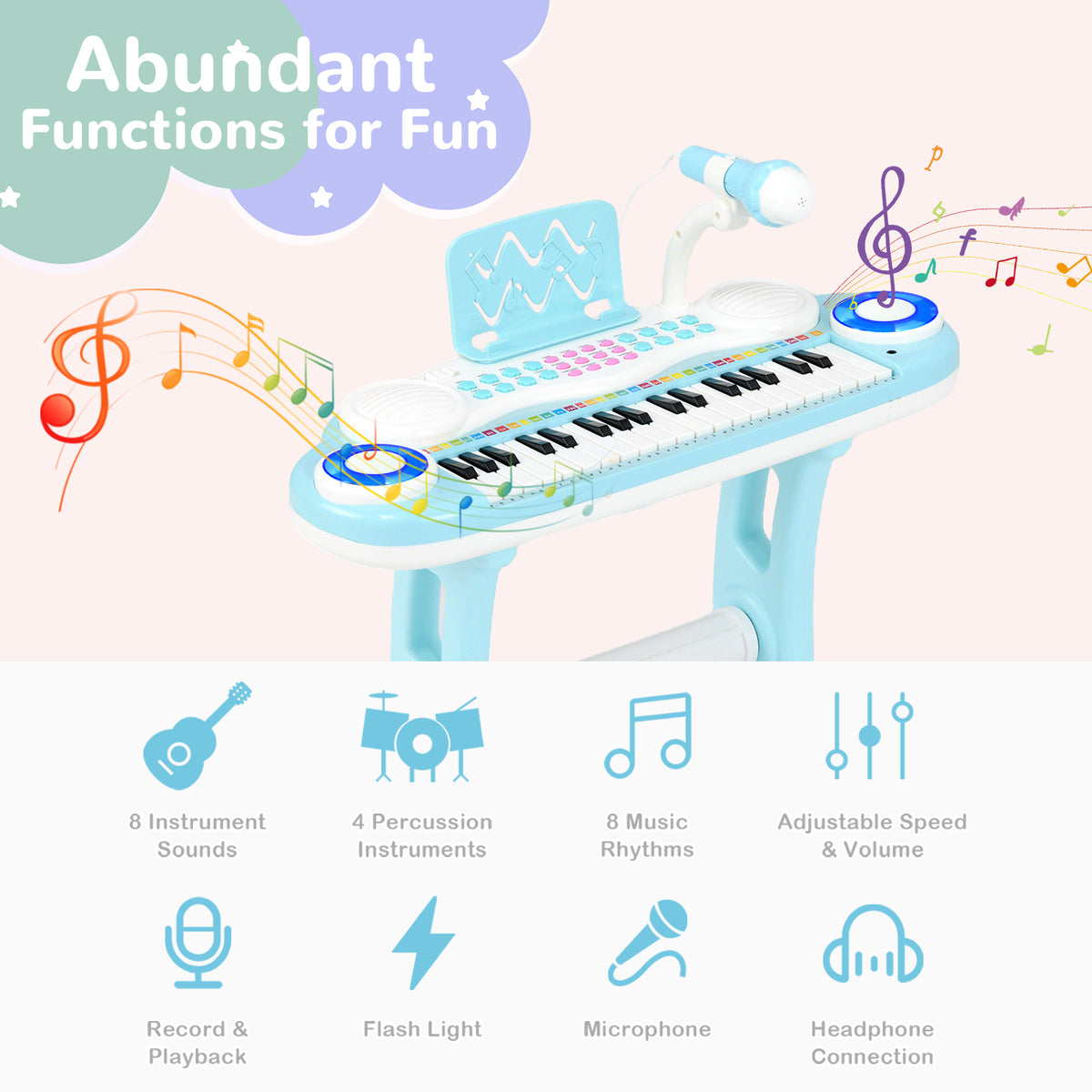 Close up of the blue electronic keyboard with musical notes