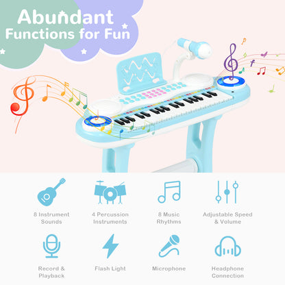 Close up of the blue electronic keyboard with musical notes
