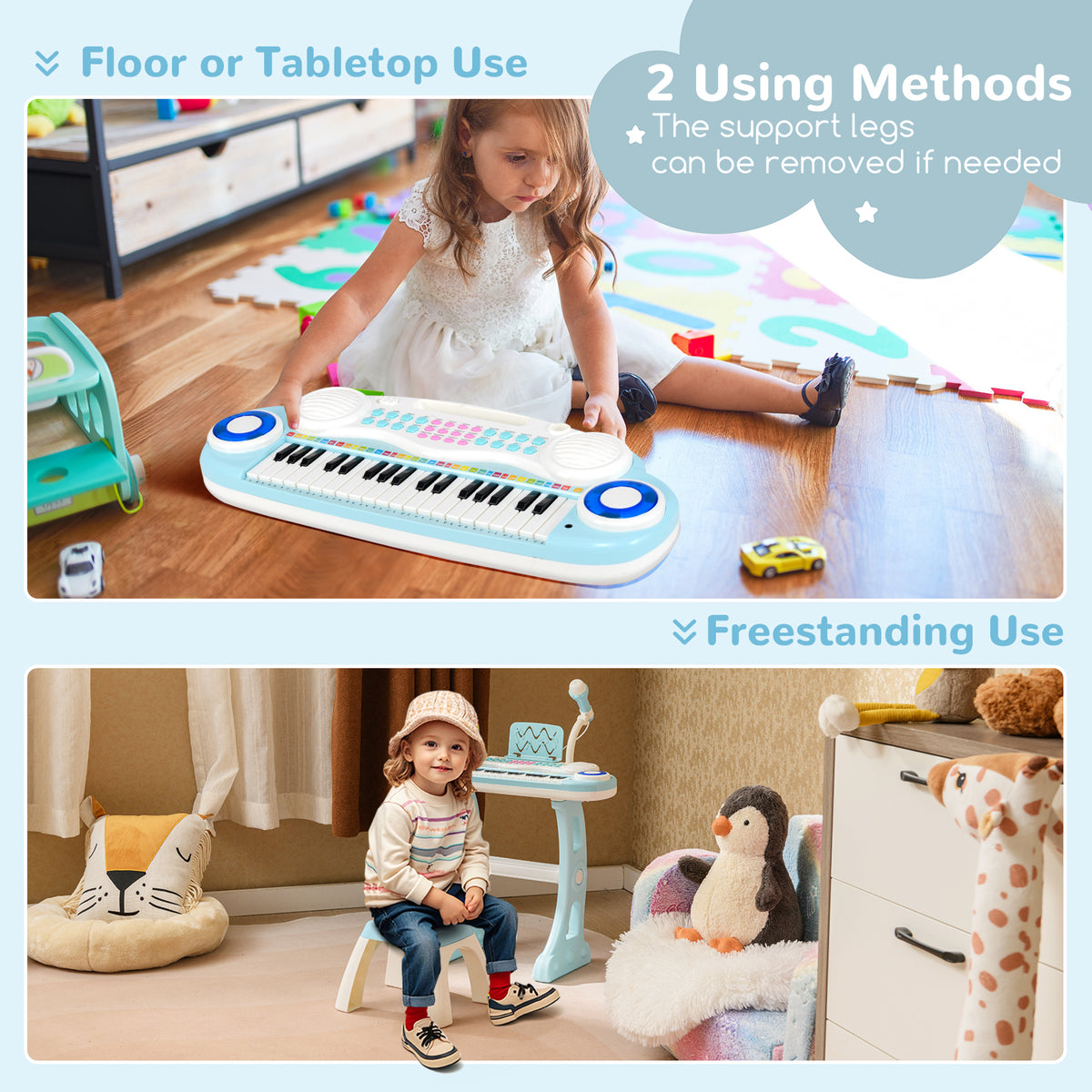 Two ways to use the blue kids piano, on the floor or freestanding