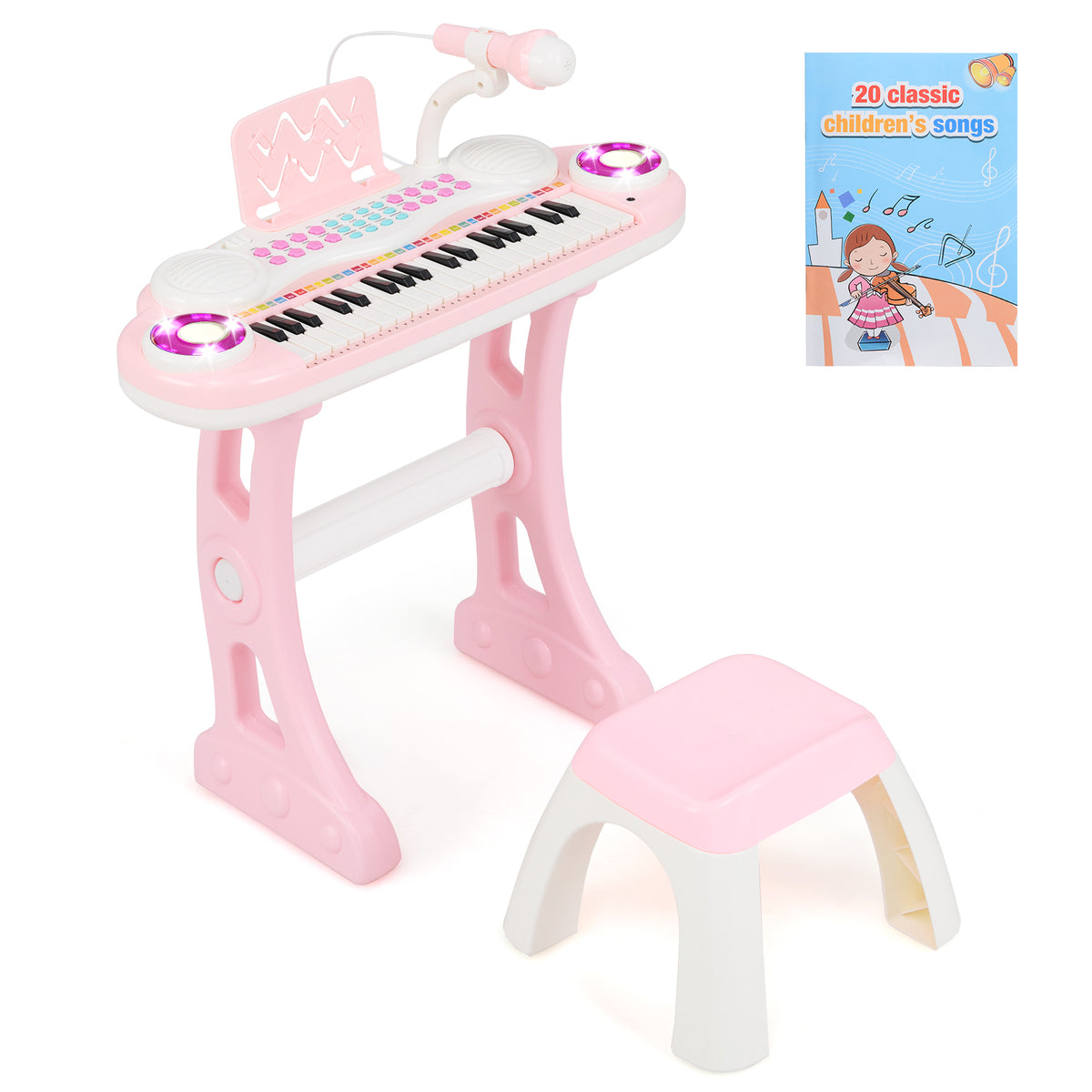 37 Keys Electronic Kids Piano Toy in pink with a stool and a songbook