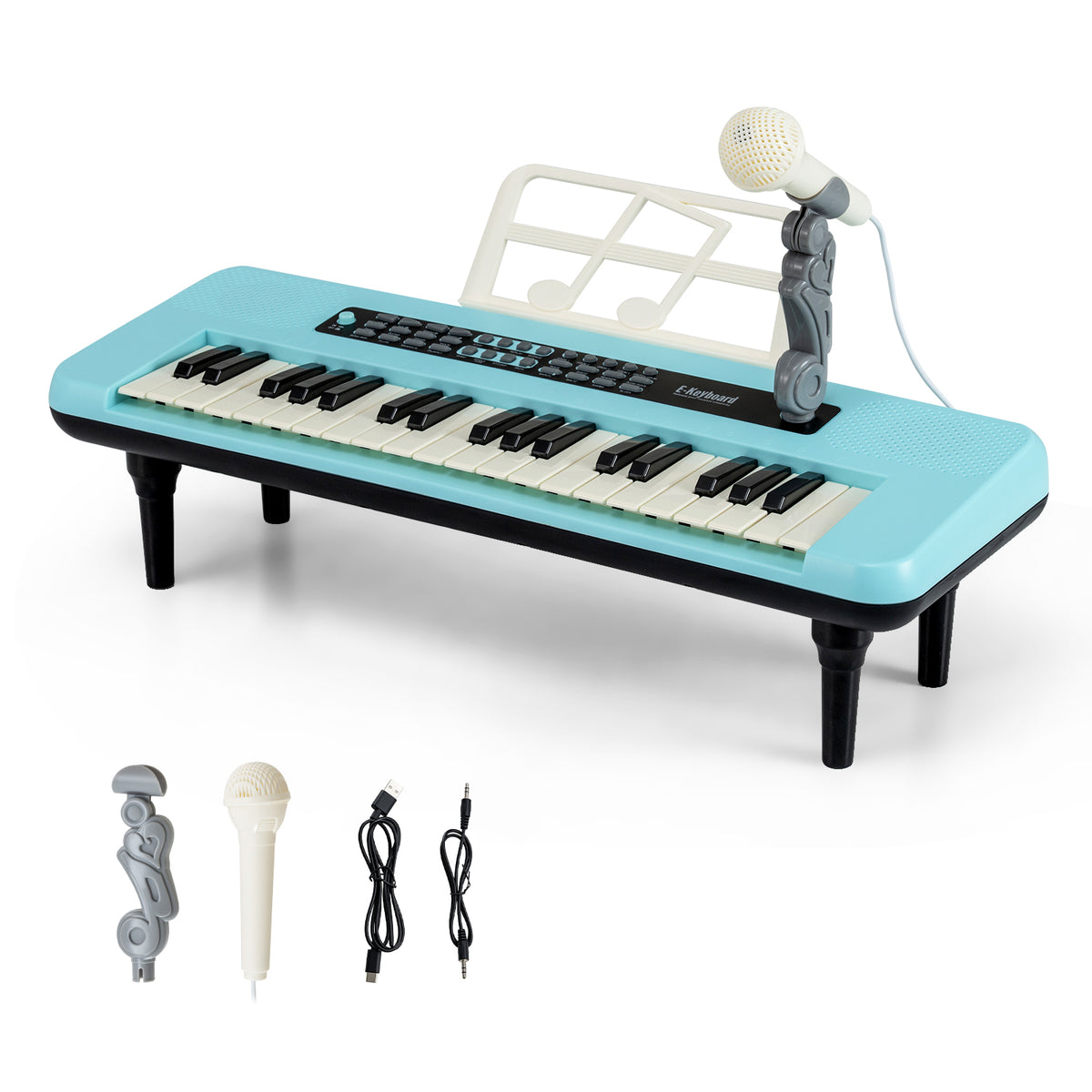 The portable keyboard with microphone and included accessories