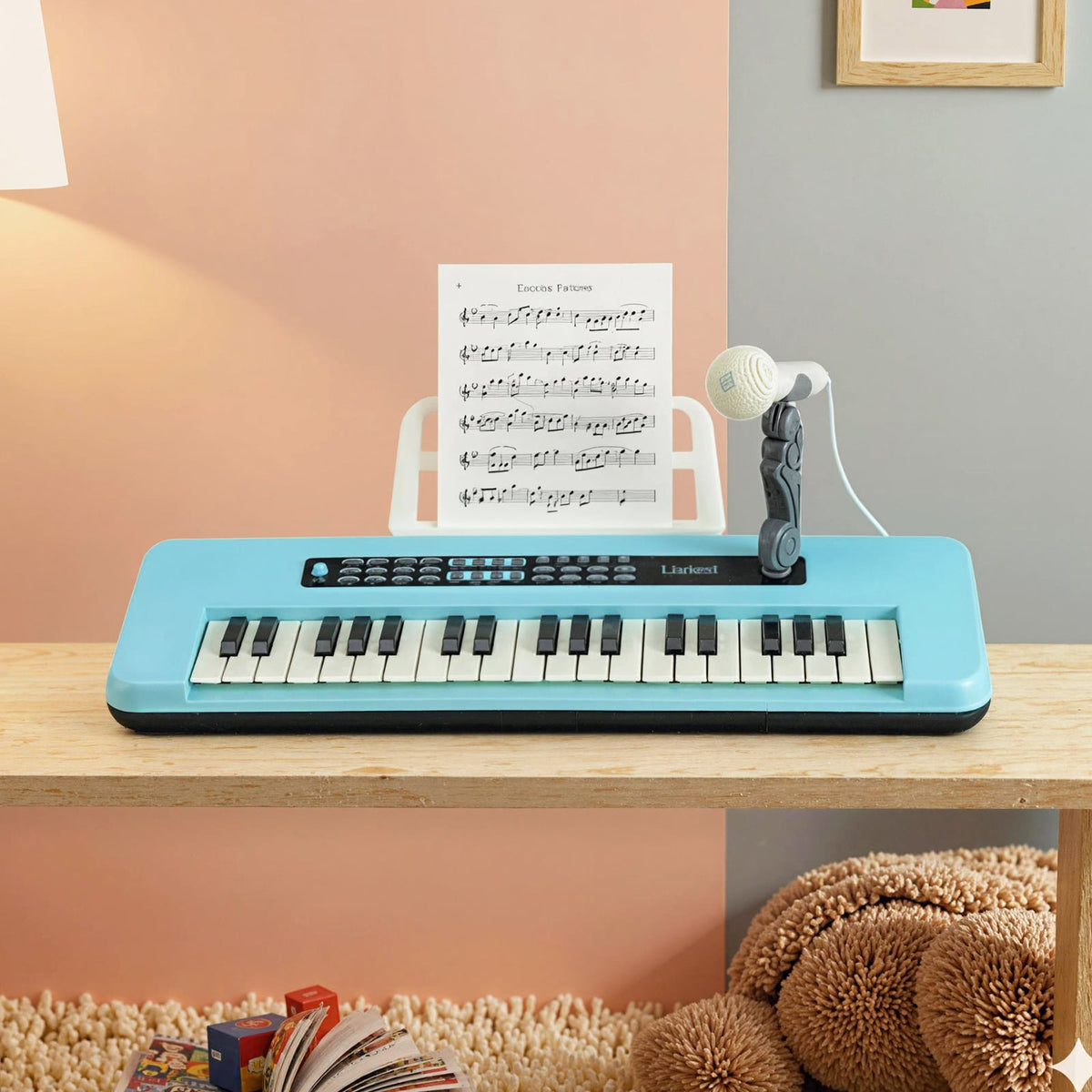The kids electric piano keyboard with music stand and microphone on a shelf
