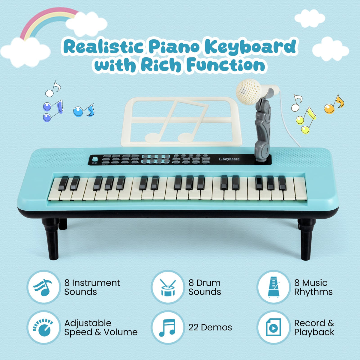 Features of the blue kids piano keyboard with microphone