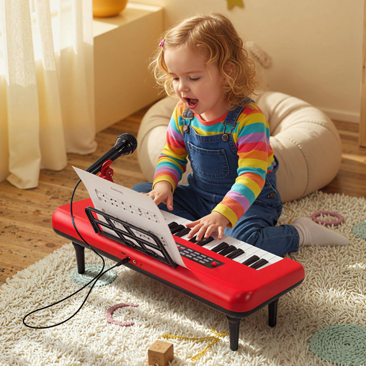 A young child sitting on a rug playing the red kids piano keyboard
