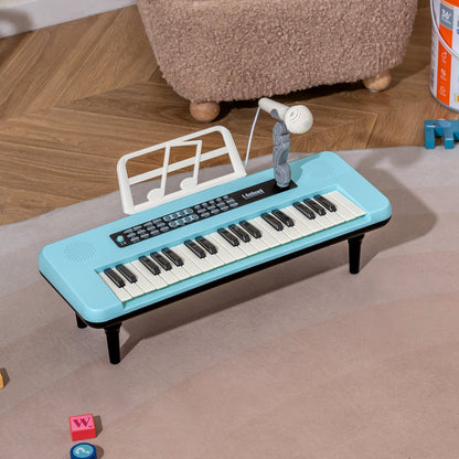 The blue portable piano keyboard with microphone on a rug