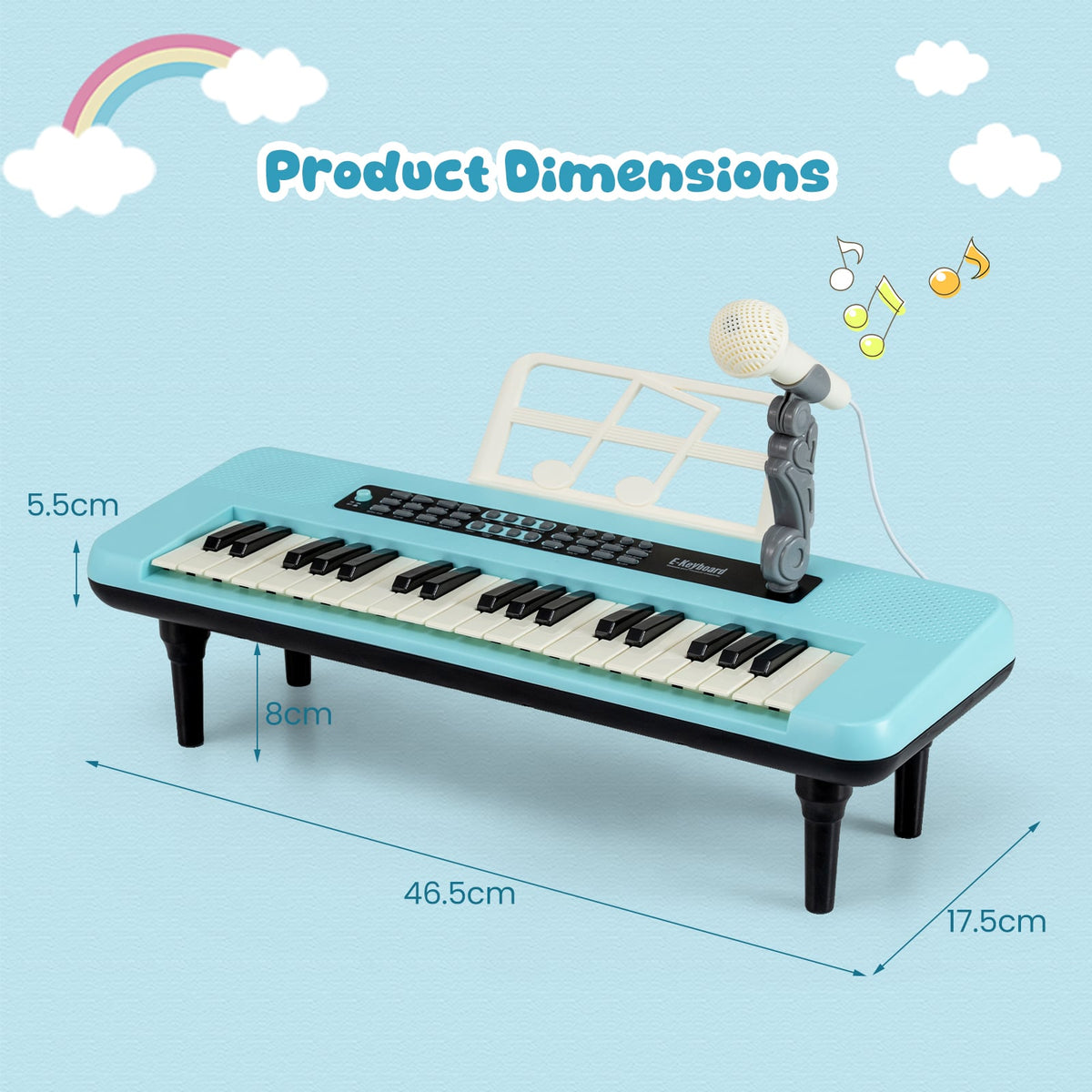 Product dimensions diagram for the blue kids piano keyboard