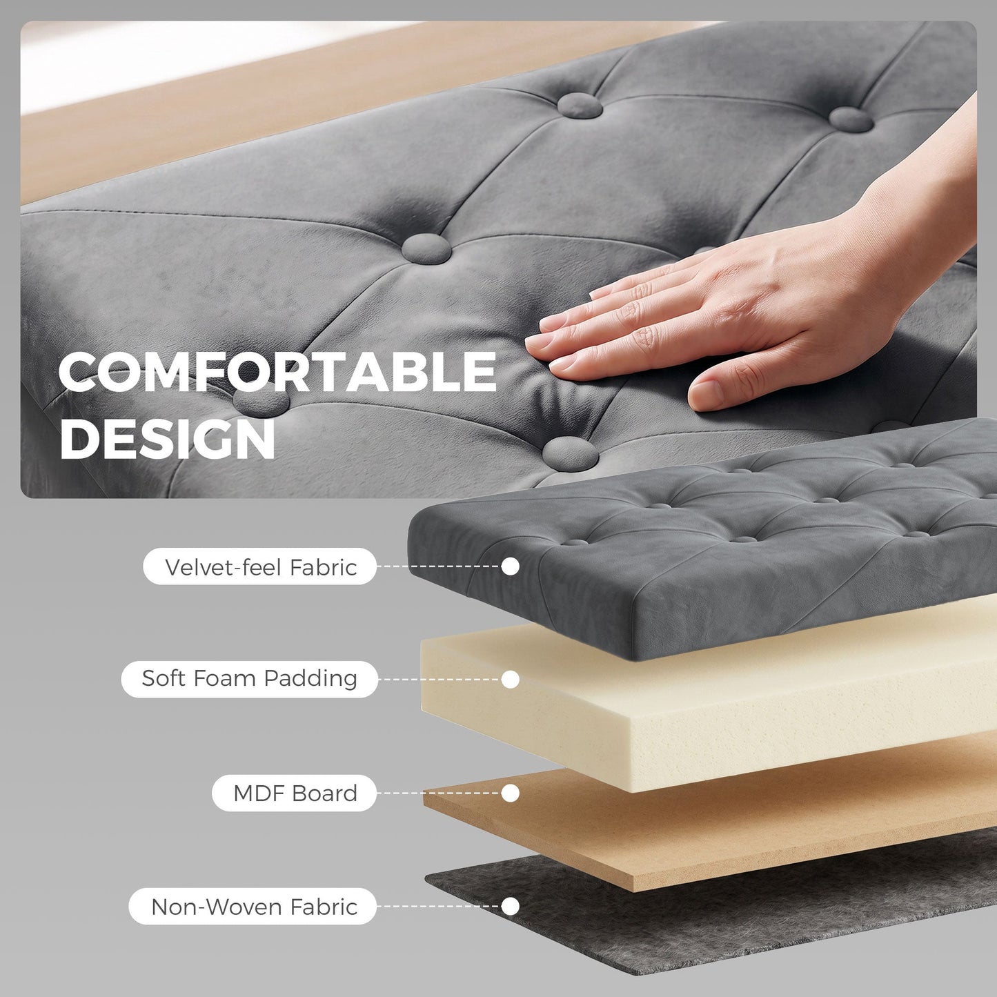 HOMCOM Velvet Upholstered Foldable Ottoman Footrest, Storage Ottoman Bench with Wood Legs for Living Room, Grey