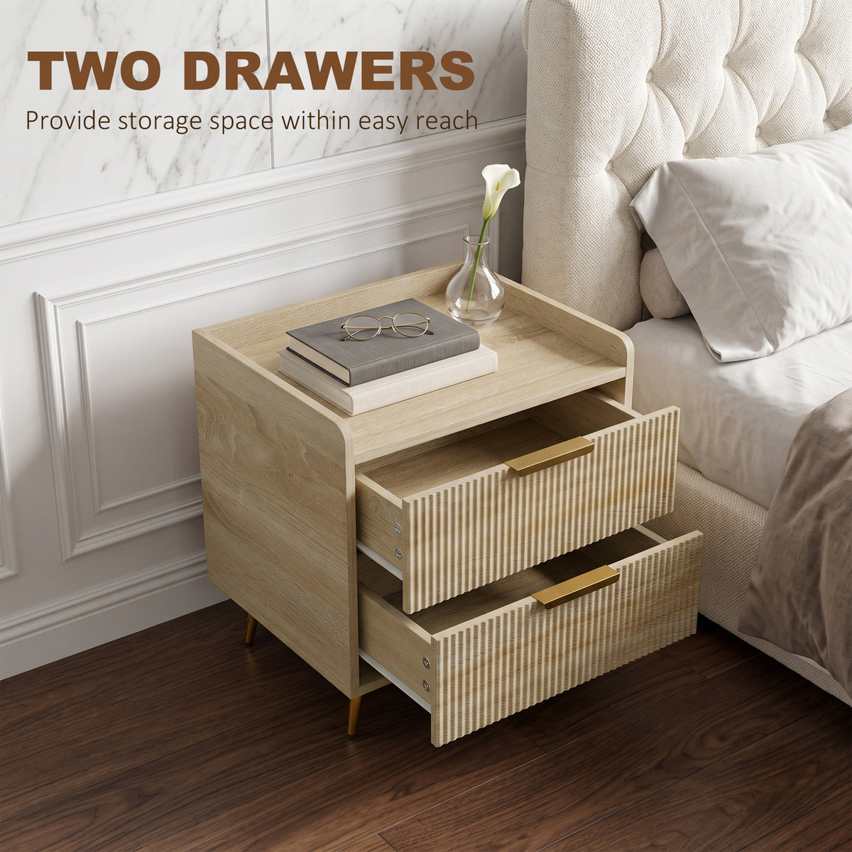 HOMCOM Bedside Table with 2 Drawers in a Natural Wood Finish