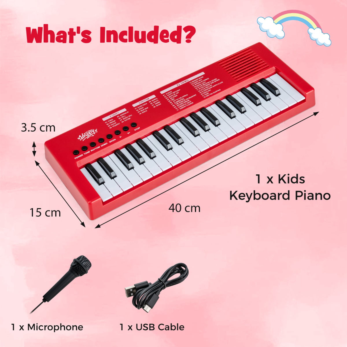 37 Keys Kids Piano Keyboard with Microphone Portable Electric Piano for Toddlers-Red