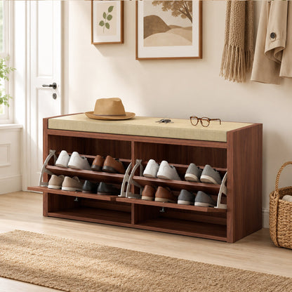 HOMCOM Rattan Shoe Bench with Padded Cushion and 2 Cabinets for Hidden Storage, Brown