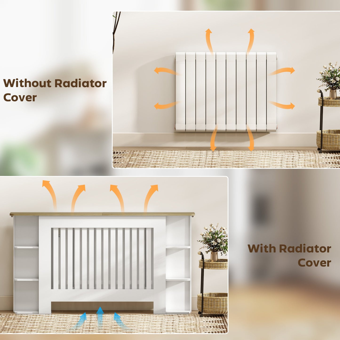 HOMCOM Radiator Cover with Open Storage Shelves, Vertical Slatted Cabinet Shelf Heater Cover for Living Room, Hallway, Large, White