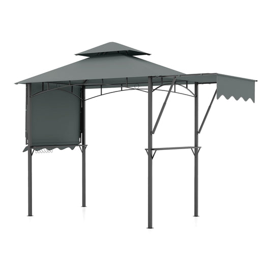 Grill Gazebo with Dual Side Awnings and Adjustable Shadow in grey with a tiered roof structure