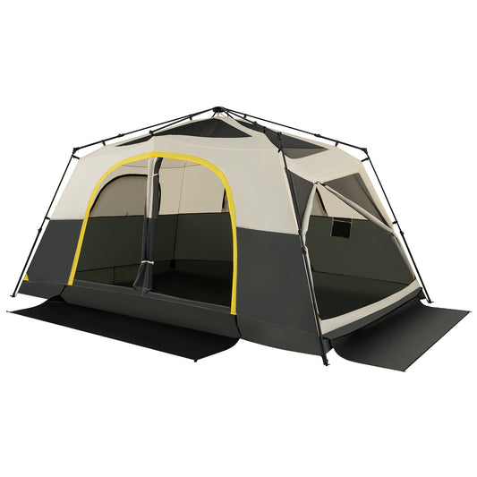 The camping tent shown from a front angle with the door open and black floor mat extended