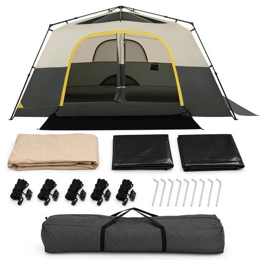 399 x 267 cm 10 Person Instant Cabin Camping Tent with all included accessories laid out on the floor