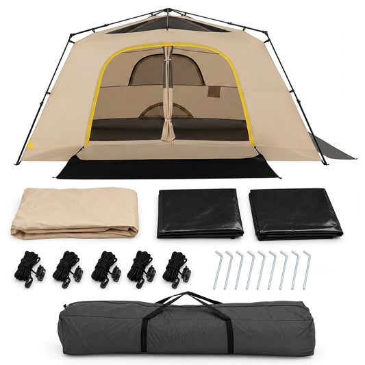 399 x 267 cm 10 Person Instant Cabin Camping Tent laid out with all its parts including poles, stakes, and carry bag