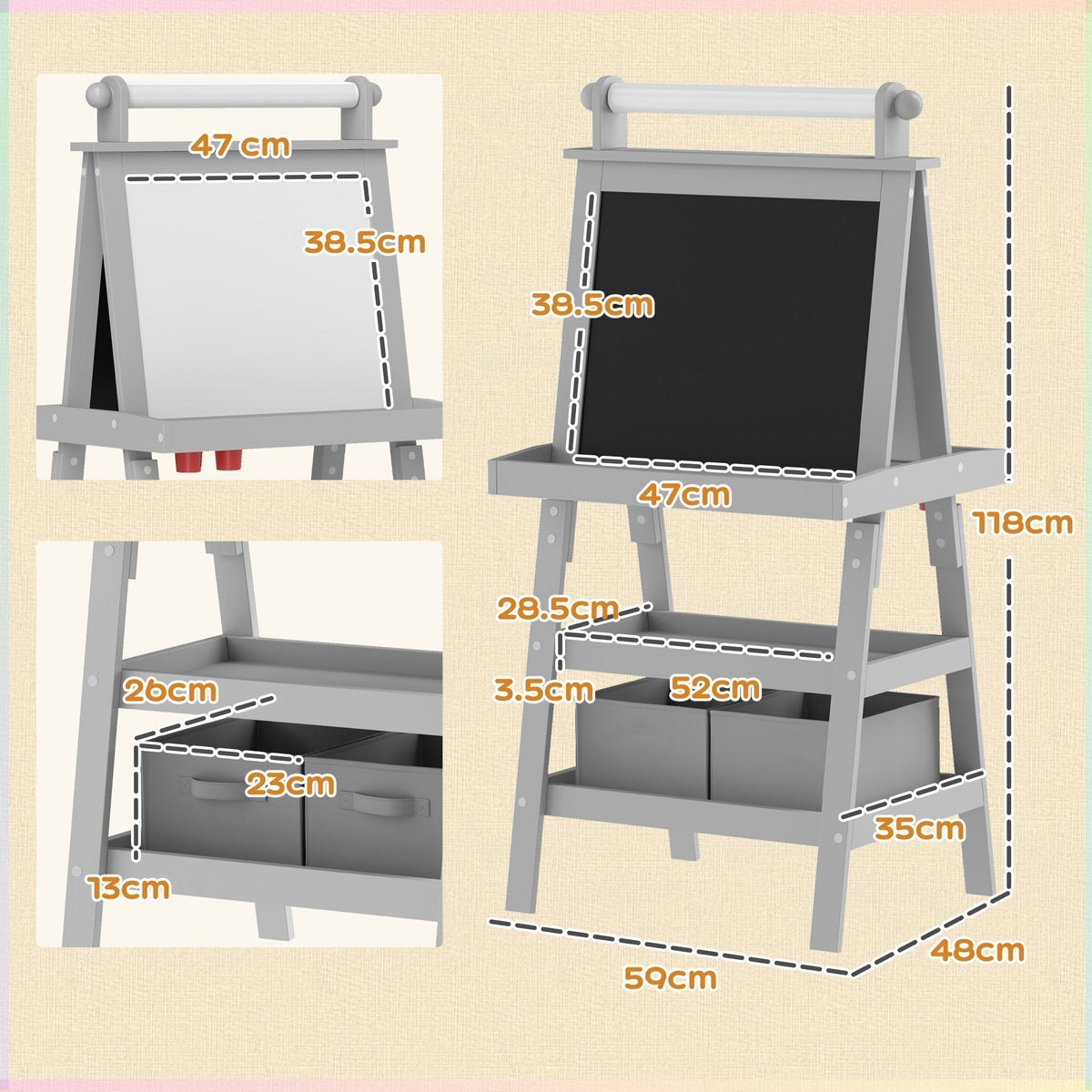 The grey kids easel with dimensions shown for height, width and depth
