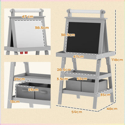 The grey kids easel with dimensions shown for height, width and depth