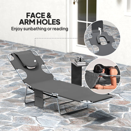 Outsunny Foldable Sun Lounger Set of 2, Beach Chaise Lounge with Reading Hole, Arm Slots, 5-Position Adjustable Backrest, Side Pocket, Pillow for Garden, Beach, Pool, Dark Grey