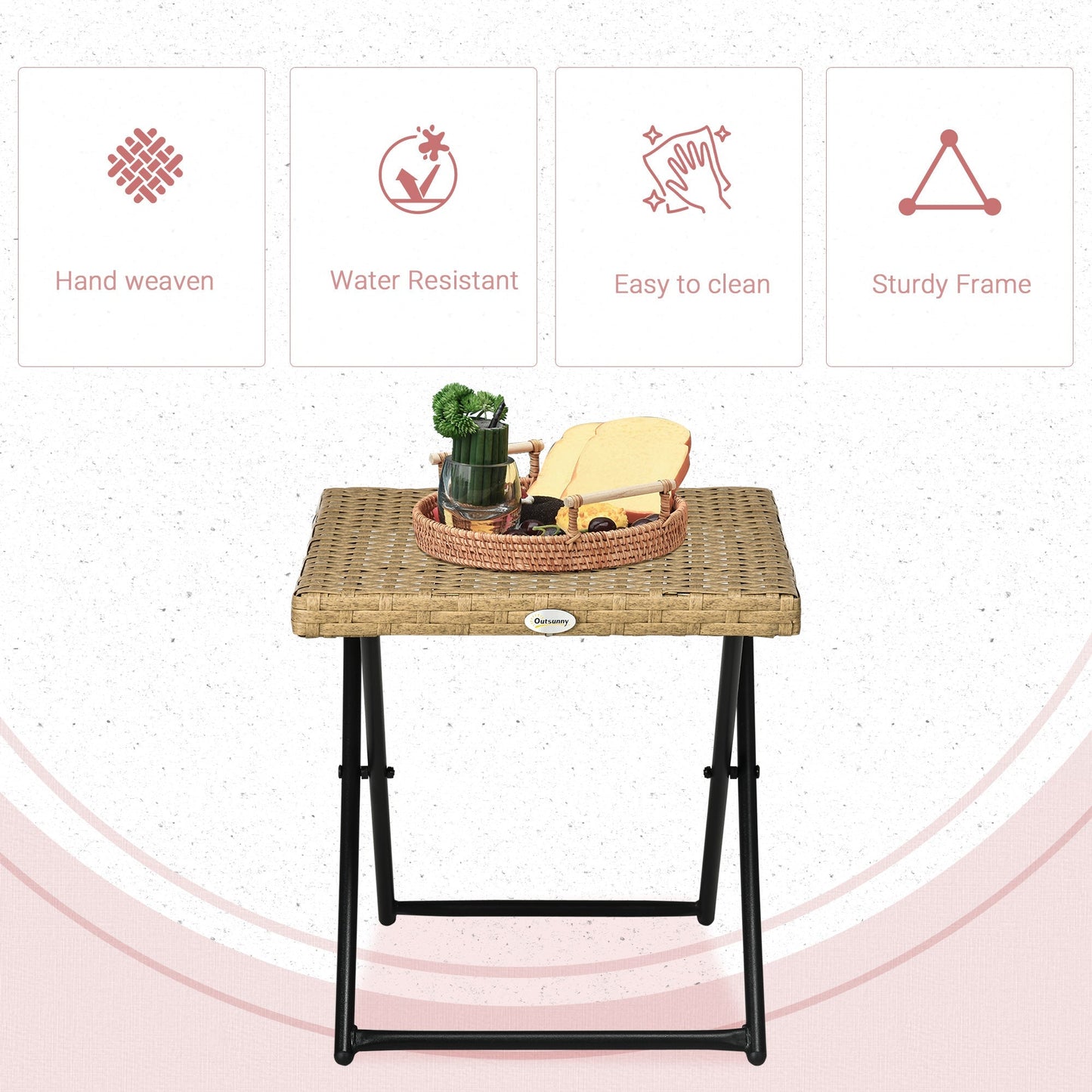 Outsunny طاولة قهوة صغيرة مربعة قابلة للطي من الروطان للحديقة، طاولة جانبية منسوجة من الخيزران للاستخدام في الشرفة الخارجية 40 ارتفاع × 40 طول × 40 عرض سم، طبيعي