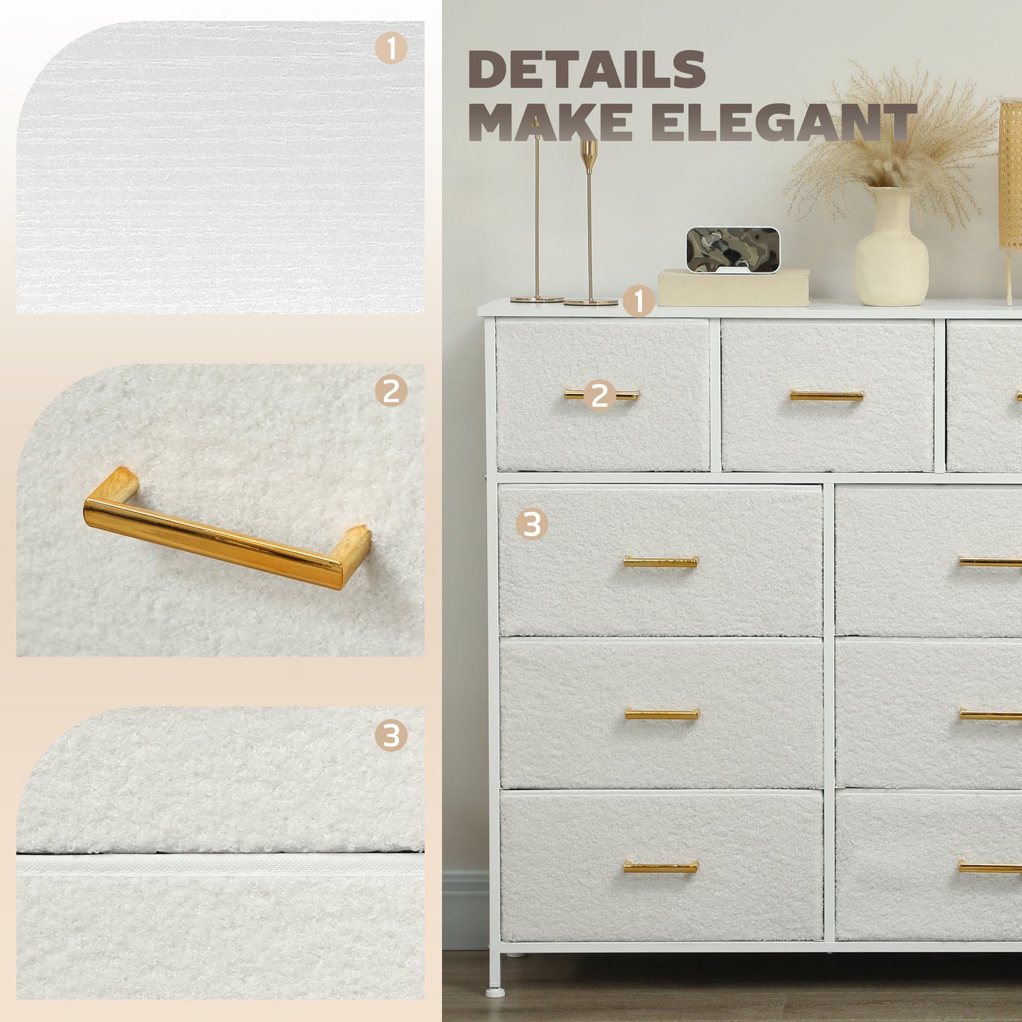 HOMCOM Chest of Drawers with 9 Fabric Drawers, Boucle Storage Organiser with Steel Frame, Fabric Dresser for Bedroom, Living Room, Hallway, Cream White