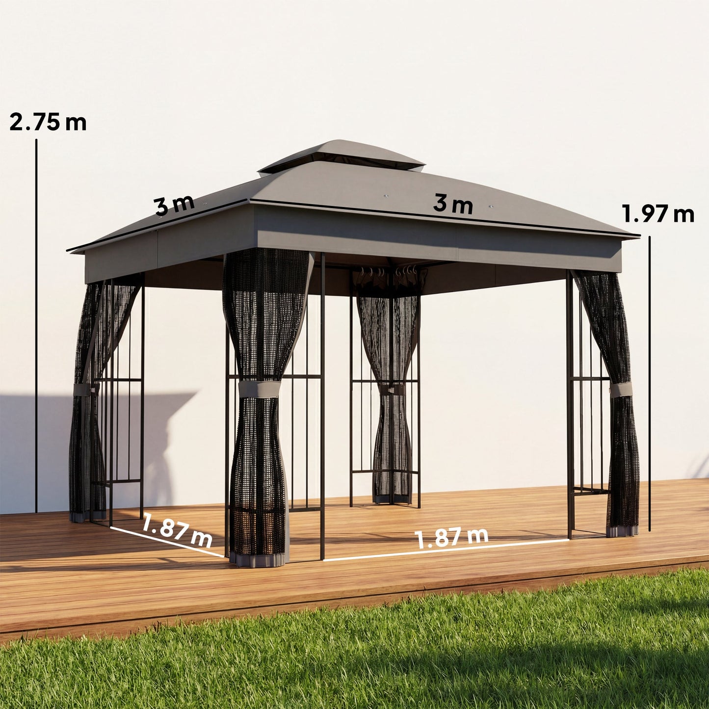 مظلة حديقة خارجية من Outsunny بمقاس 3 × 3 متر مع أرفف عمودية، جناح فناء دائم بسقف مزدوج UPF50+، رمادي