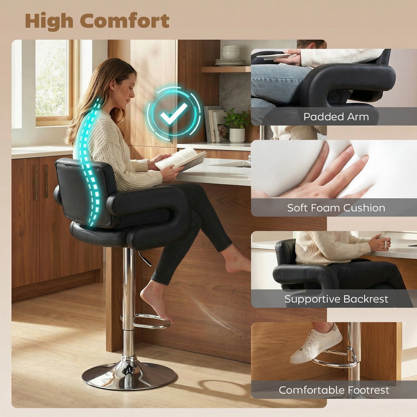 HOMCOM Bar Stools Adjustable Swivel Kitchen Chairs with Backrest Armrest Set of 2 PU Leather Black