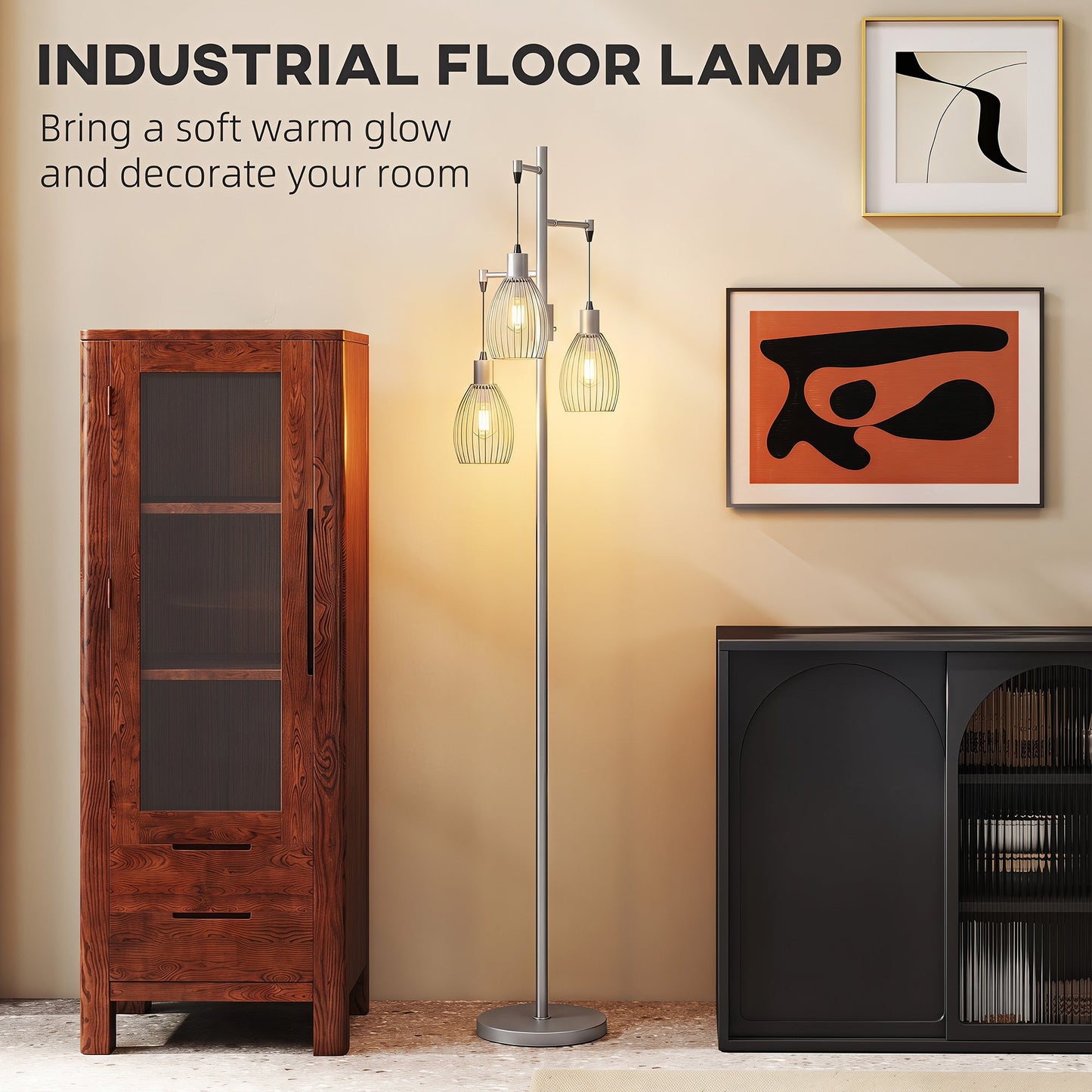 HOMCOM 170.5cm Industrial Dimmable Standing Lamp, 3-Light Floor Lamp with Steel Wire Cage Lampshades, Silver Tone