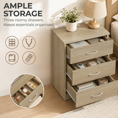 HOMCOM Three-Drawer Simple Bedside Table in Oak