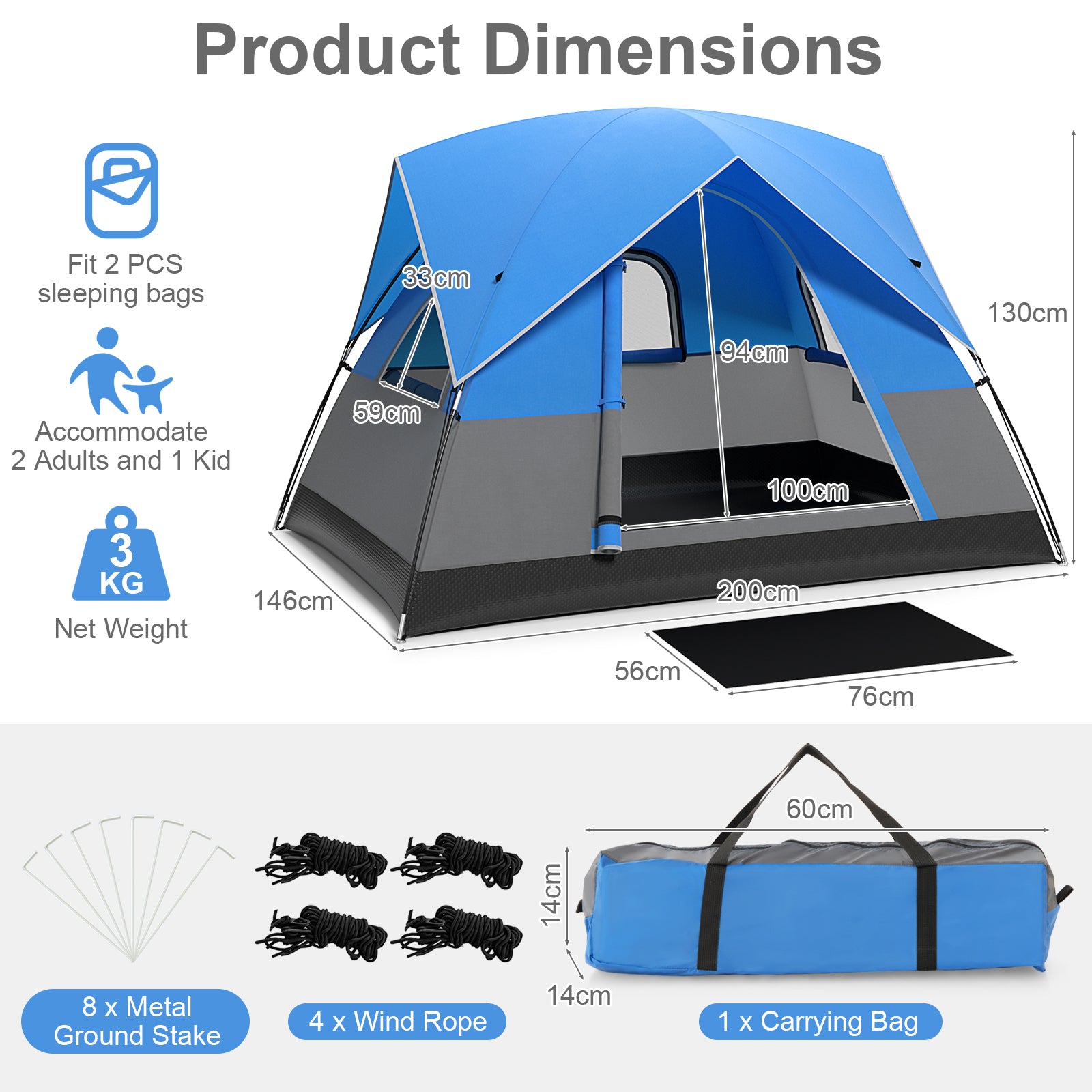 3-Person Outdoor Camping Tent with Removable Floor Mat-Black & Blue