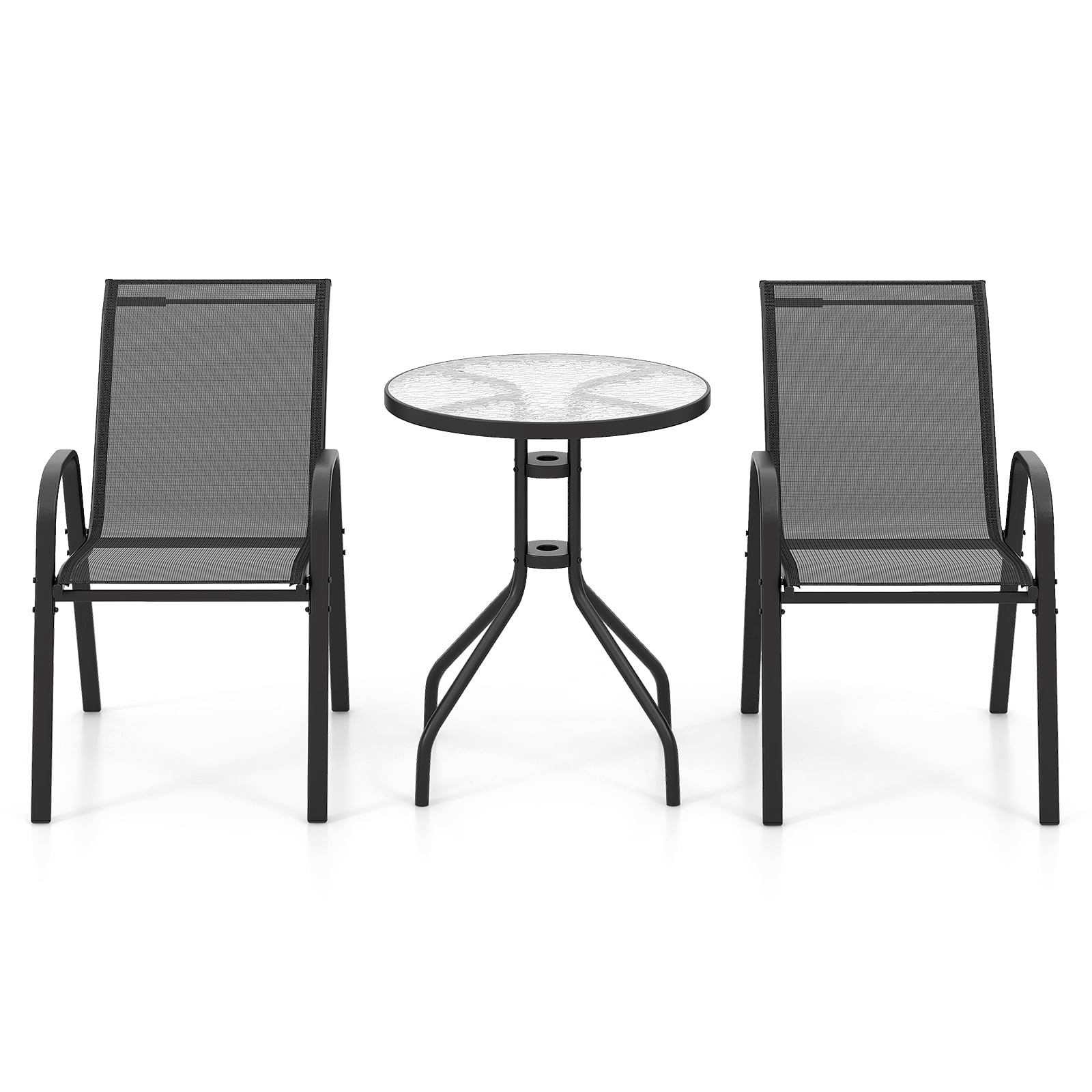 3 Pieces Outdoor Bistro Set with 2 Stackable Chairs and Round Side Table-Black