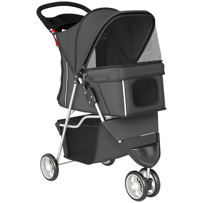 PawHut Dog Stroller, 3 Wheels Foldable Pet Stroller with Adjustable Canopy, Storage Basket for Small Mini Breeds, Dark Grey