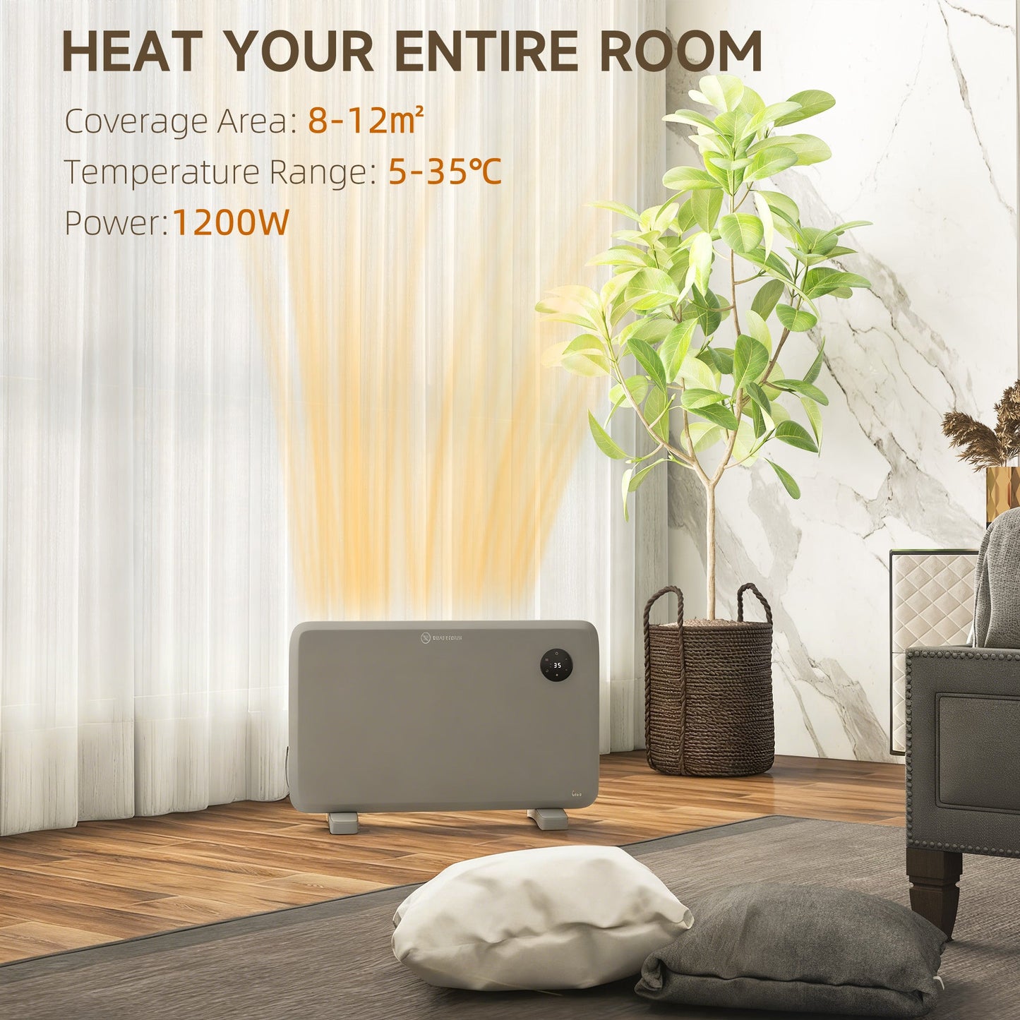 HOMCOM 1200W Electric Convector Heater, Freestanding or Wall Mounted, Space Heater with Adjustable Thermostat, Timer, Grey