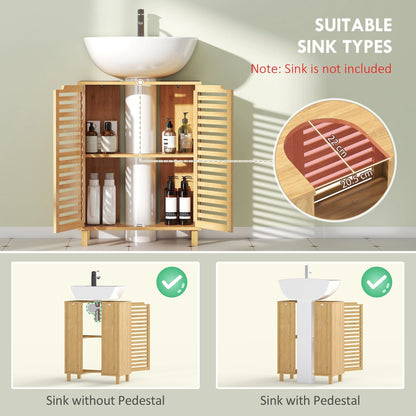 HOMCOM Under Sink Bathroom Cabinet, Freestanding Bamboo Under Sink Cabinet with Louvered Doors and Adjustable Shelf, Natural