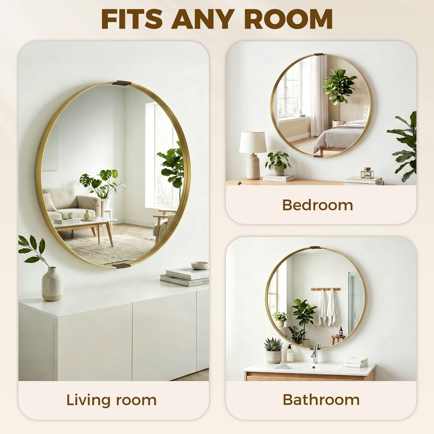 HOMCOM Round Wall Mirror 61 cm, Wall Mounted Bathroom Mirror with Tempered Safety Glass and Aluminium Alloy Frame, Gold Tone