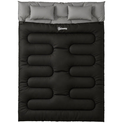 Outsunny Double Sleeping Bag with 2 Pillows, 220 x 160 cm Extra-Large Sleeping Bag for Adults, Black
