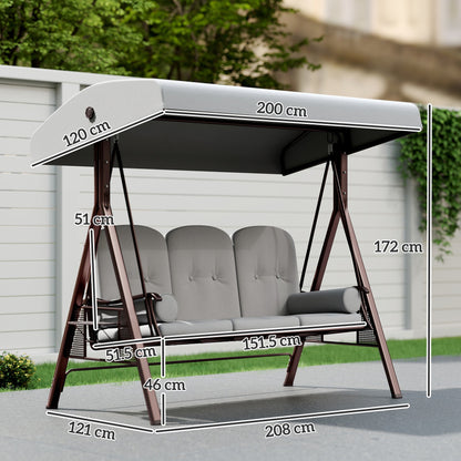 Outsunny 3 Seater Canopy Swing Chair, Outdoor Garden Swing Seat with Adjustable Canopy, Cushions and Cup Trays, Steel Frame, Light Grey